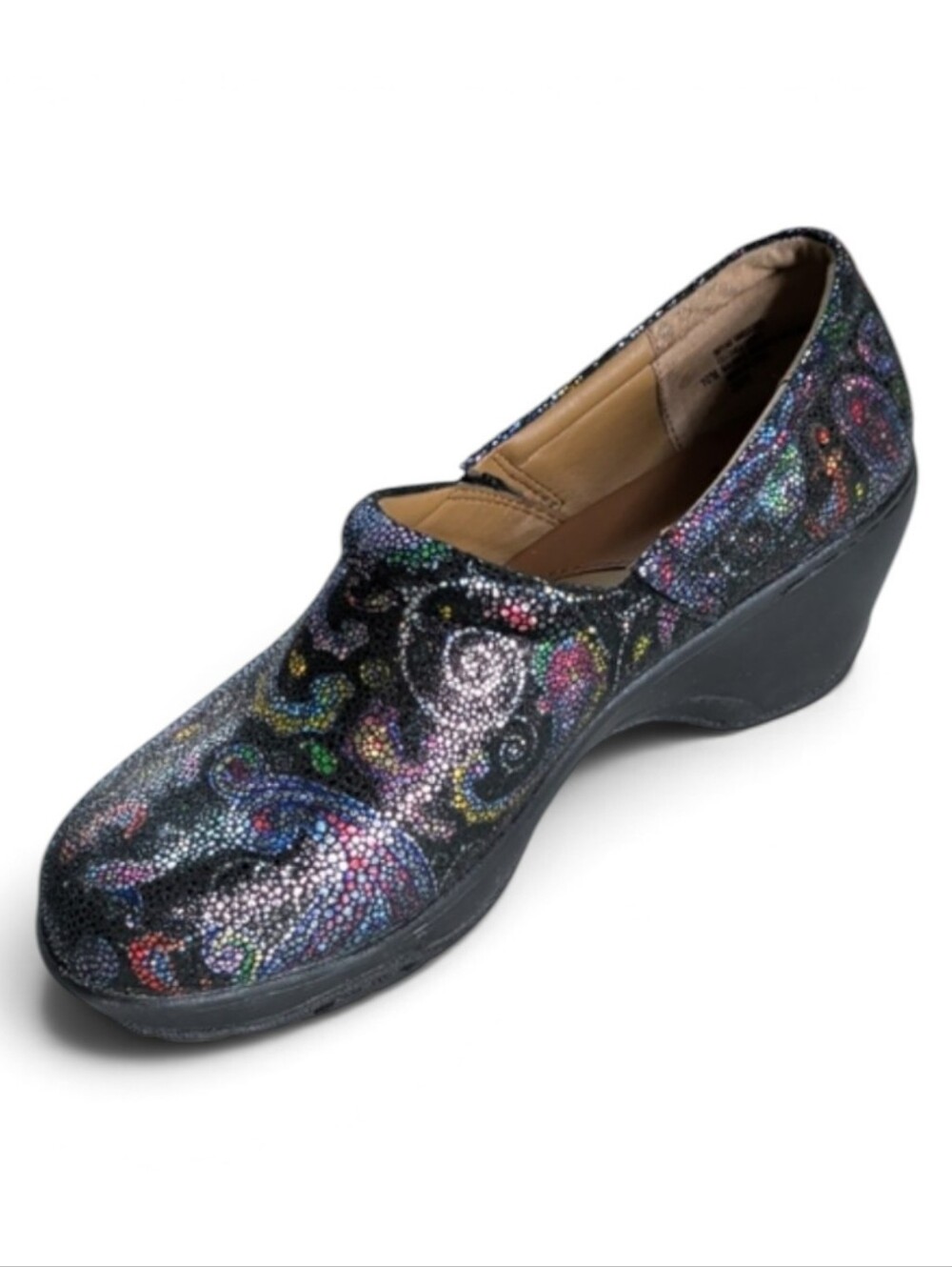 Nurse Mates, Bryar, Mosaic Paisley Pattern Metallic Clogs. Size 10